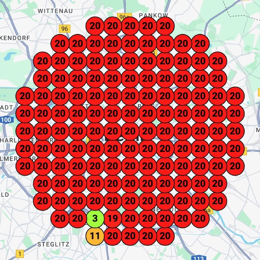 Map of poor local search reach with mostly red rank markers across the city