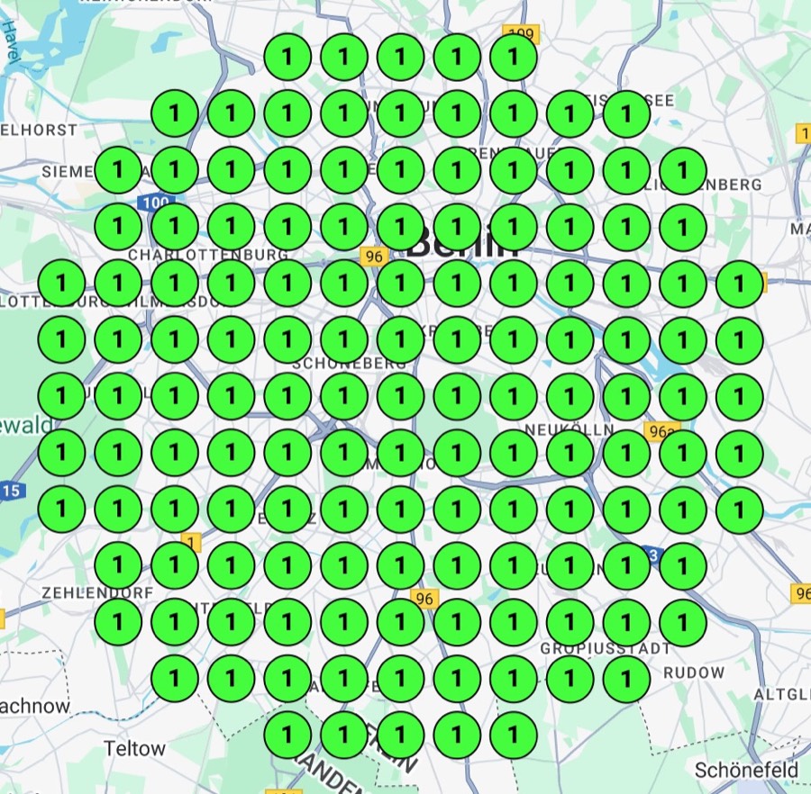 Map of strong local search reach with green number-one rank markers across the city